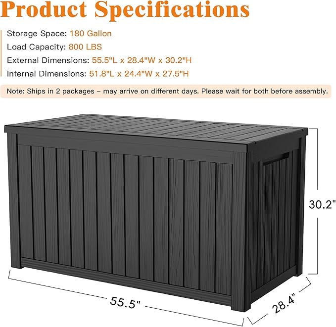 180 Gallon Outdoor Storage Box, Waterproof Deck Box with Handles and Lockable Lid, Resin Patio Storage Box with Hydraulic Rods for Garden Tools, Cushions, Black