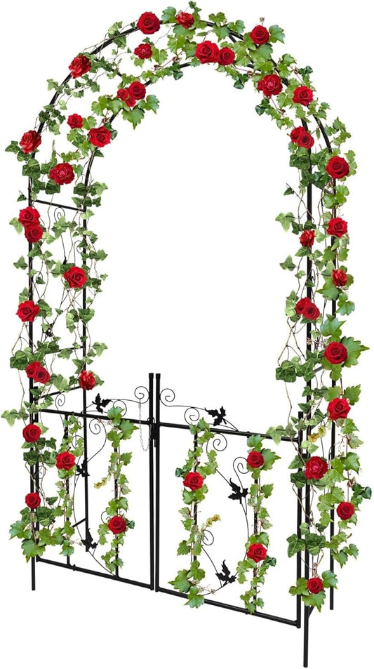 Kalolary Garden Arch with Gate, Heavy Duty Metal Butterfly Garden Arbor for Climbing Plant Metal Raised Bed Rose Vines Climbing Support for Lawn Backyard Patio Outdoor Decoration (91"x45"x15")