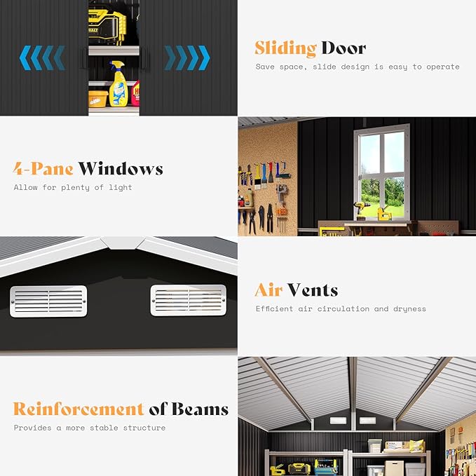 Jocisland Outdoor Storage Shed 10.6x10.3x6.3 FT, Sliding Door Shed with Two 4-Pane Windows for Wood Storage, Dark Grey/White