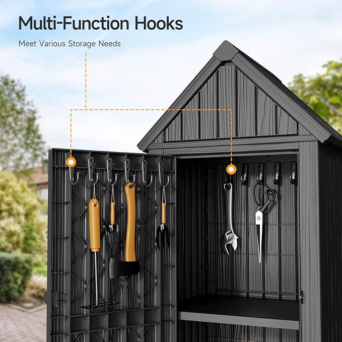 Multifunctional Storage Shed, Outdoor Storage Cabinet with Hooks and Lock Ring, Waterproof Outdoor Storage Shed for All Weather, Tool Outdoor Shed for Patio Lawn and Garden