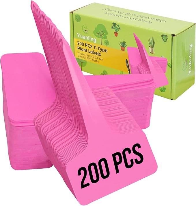 Plant Labels 200 Pcs Yuanling T-Type Plastic Garden Tags Waterproof Plant Sign Stakes Nursery Garden Makers for Seedlings Flower Vegetables Herb Potted Belt Permanet Marker Pen (Pink)
