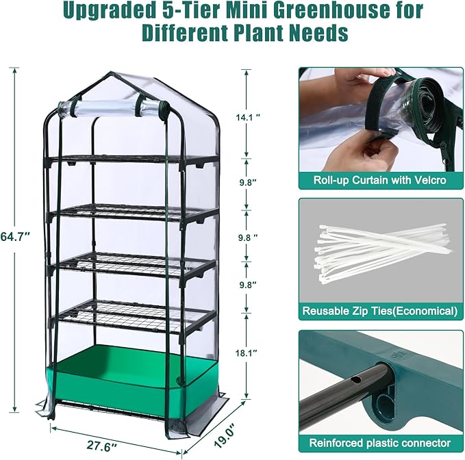 5 Tier Mini Greenhouse with Wheels for Indoor Outdoor, Portable Green House with PVC Cover and Shelves for Seedling, Greenhouse with Waterproof Mat and Cover Tape, Gardening Gifts for Women Men