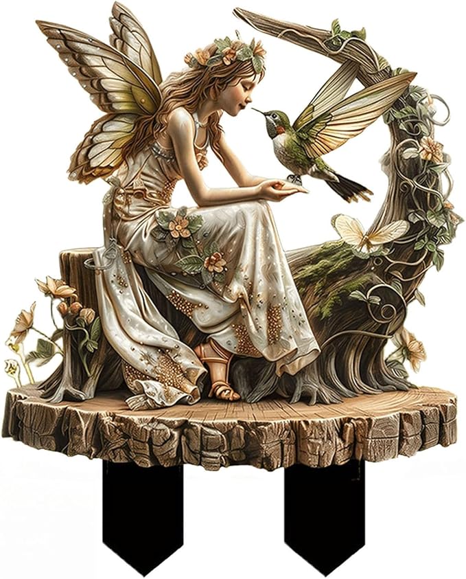 Fairy Garden Stake Decor, 2D Flat Acrylic Fairy Garden Decor Panel, Elf Yard Sign for Outdoor Indoor Yard Lawn Plants Pots, Fairy Garden Accessories (Flower Fairy with Hummingbird)