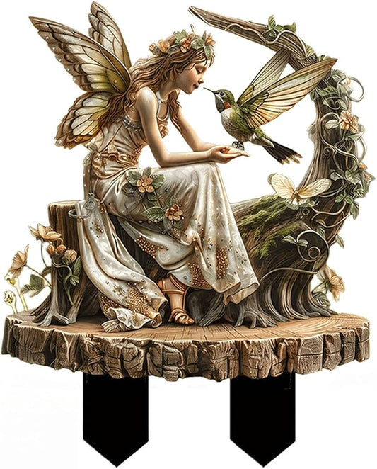 Fairy Garden Stake Decor, 2D Flat Acrylic Fairy Garden Decor Panel, Elf Yard Sign for Outdoor Indoor Yard Lawn Plants Pots, Fairy Garden Accessories (Flower Fairy with Hummingbird)