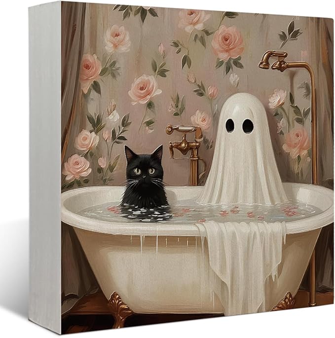 Mtrgdn Cute Halloween Decor,Halloween Decorations Indoor,Ghost with Black Cat Bathroom Decor Wooden Box Sign,Halloween Home Office Kitchen Bathroom Bedroom Desk Table Shelf Wall Decorations,5x5 Inch