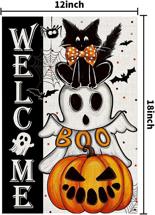 Halloween Welcome Garden Flags for Outside 12x18 Inch Double Sided Burlap, Black Cat Spooky Ghost Pumpkin Sign Small Flag Farmhouse Holiday Yard Lawn Outdoor Decorations DF868