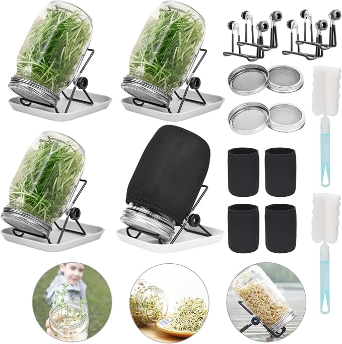 Lulonpon 4 Sprouting Jar Kit, Wide Mouth Quart Mason Jars with Stainless Steel Screen Sprout Lids, 86mm,1000ml,Stand,Tray and Canning Brush,Seed Sprouter Set for Growing Broccoli, Alfalfa
