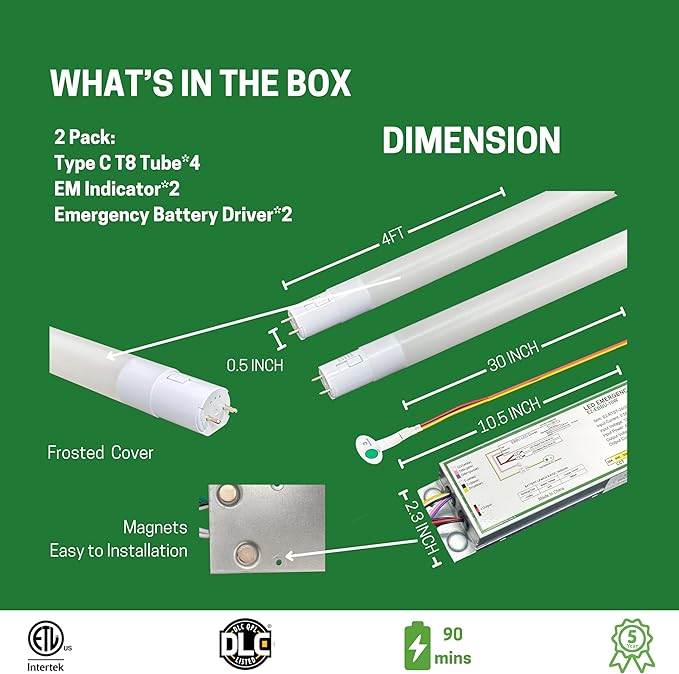 LED Type C T8 Tube Light Kit with Emergency Battery Driver, 2 Tube&1 Driver, 90 Min Backup Power Replacement for T12/T5/T8 Troffer/Strip Fixtures-2 Pack