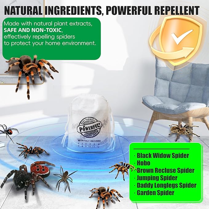 12 Pack Long-Lasting Spider Repellent Pouches - Natural Peppermint & Lemongrass Oil Blend, Indoor/Outdoor Pest Control for Closets, Attics, Garages, RVs (60 Day Protection)