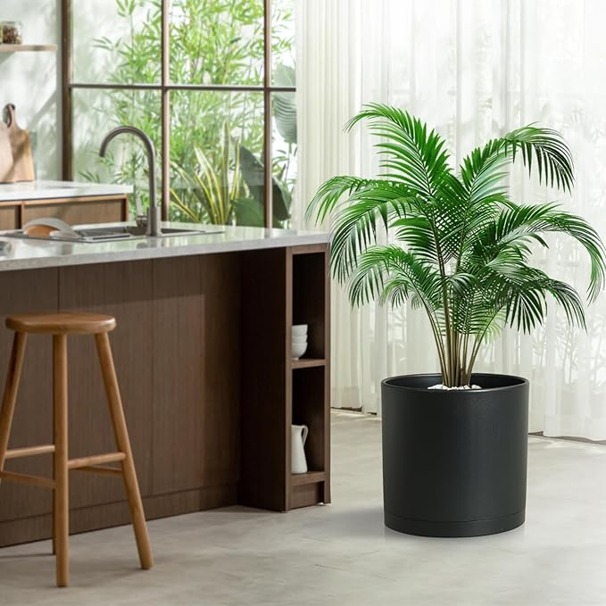 Cylinder 12 inch Plant Pots, Mordern Plastic Planters with Drainage Holes and Saucers for Indoor Outdoor Plants Flowers, Black