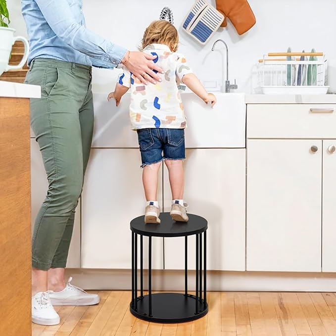 HDANI Small Round Wooden Step Stool for Kids Adults, 300lbs Load Capacity Garden Stool, Non-Slip Small Stool for Plant Stand, Kitchen, Bathroom and Bedroom, Black