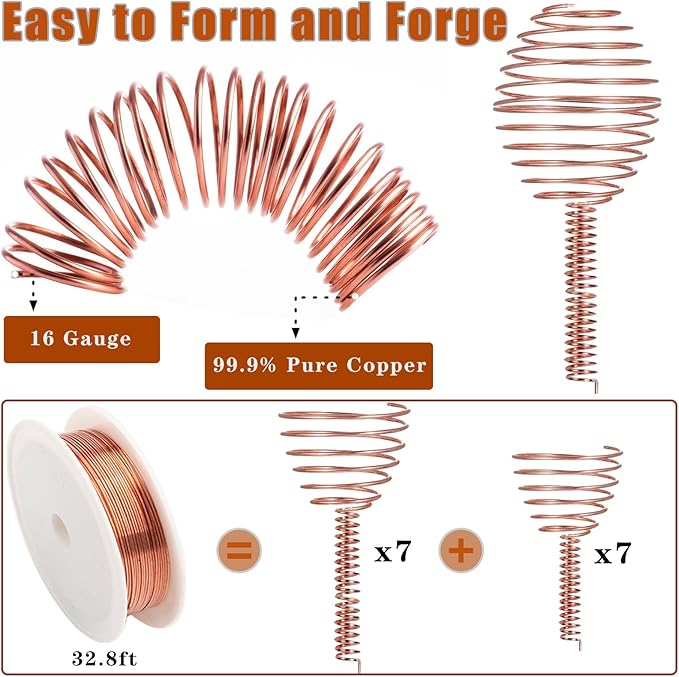 Electroculture Gardening Copper Kit with 12 pcs Wooden Plant Stakes Antennas, 16 Gauge 32.8 Ft 99.9% Pure Copper Wire, 2 pcs Fibonacci Coil Winding Jigs for Garden Plants Vegetables Growing