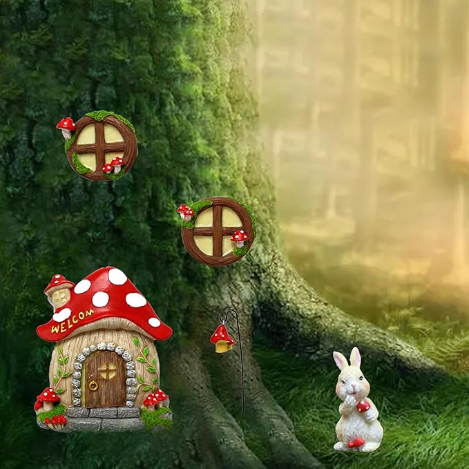 Fairy Door and Windows Garden Kit Accessories Outdoor, Glow in Dark Gnome House for Tree, Lawn Yard Art Sculpture, Miniature Garden Decor (Mushroom)