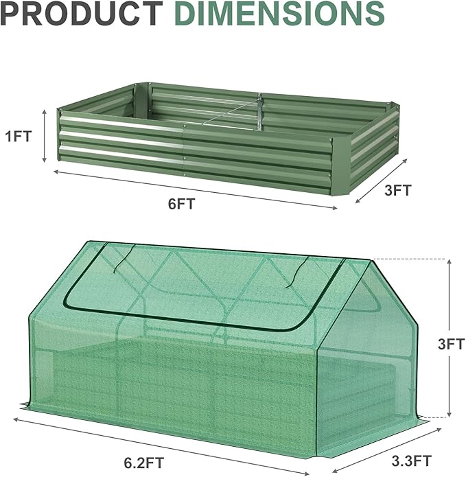 Aoodor 6 x 3 x 3 ft Raised Garden Bed with Mini Greenhouse Kit, Metal Planter Box with 2 Roll-Up Zipper Doors for Vegetables, Herbs, and Flowers