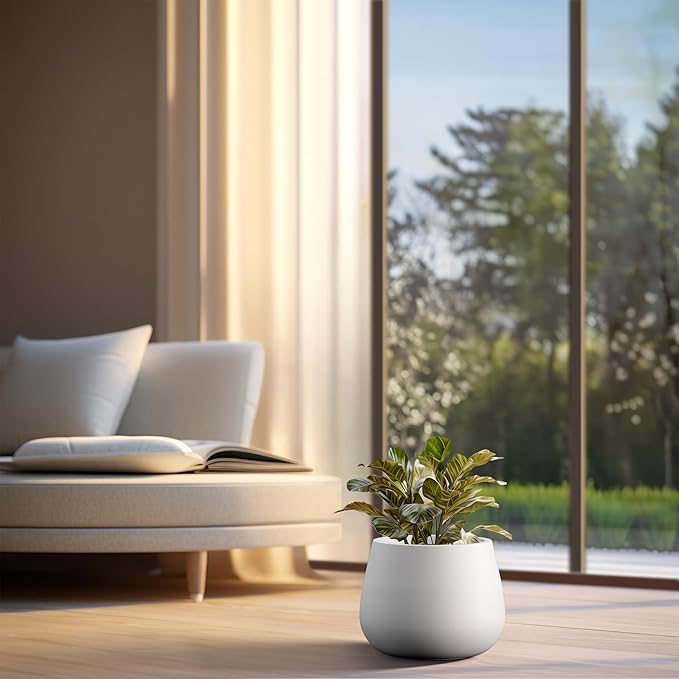 Kante Curva Series Planter, 10.2 Inch Round Concrete Flower Pot with Draiange Hole and Rubber Plug, Suitable for Indoor Plants, Home, Garden, Patio, White