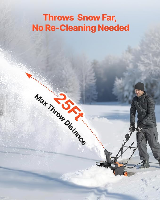 VEVOR Electric Snow Blower, 20 inch 15A Corded Snow Thrower with Dual LED Headlights & 180° Rotating Chute, 25FT Throwing Distance, 12" Depth Clearing, Walk-Behind Snowblower for Driveway Sidewalk
