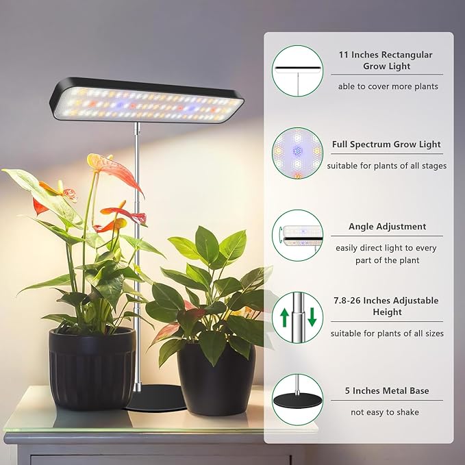 Plant Lights for Indoor Growing, Full Spectrum Grow Light 3 Pack with Base, 26 Inch Height Adjustable LED Grow Lamp with 6/12/16H Timer, 5 Dimming Levels, Ideal for Seeds Starting
