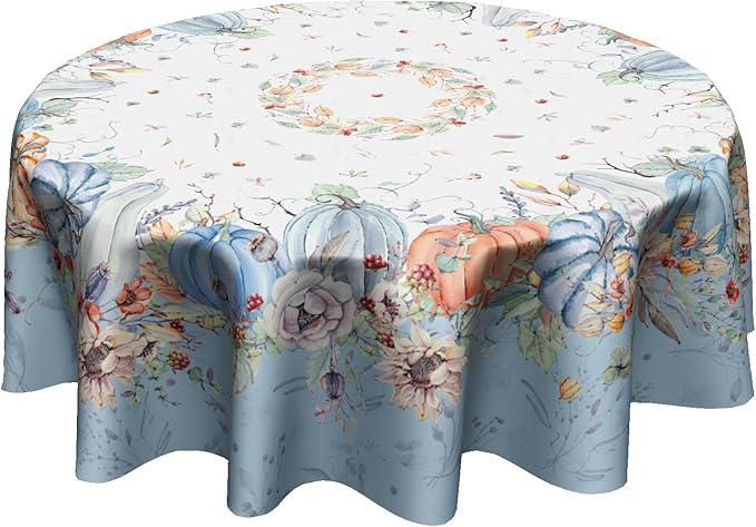 Giwawa Fall Pumpkin Blue Round Tablecloth 60 Inch,Autumn Harvest Thanksgiving Farmhouse Decorative Table Cloth Washable Table Cover for Kitchen Party Picnic Dinner Home Decor