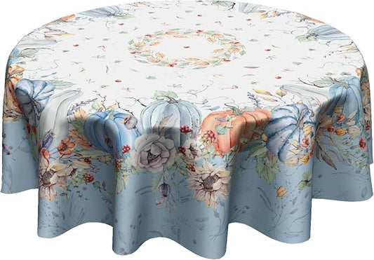Giwawa Fall Pumpkin Blue Round Tablecloth 60 Inch,Autumn Harvest Thanksgiving Farmhouse Decorative Table Cloth Washable Table Cover for Kitchen Party Picnic Dinner Home Decor