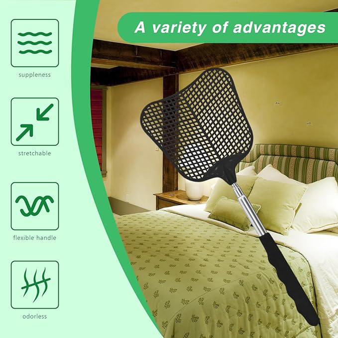 Fly Swatter 2 Pack, Durable Heavy Duty Plastic Fly Swatters, Stainless Steel Telescopic FlySwatter for Indoors/Outdoor/Kitchen/Garden (Black+Black)