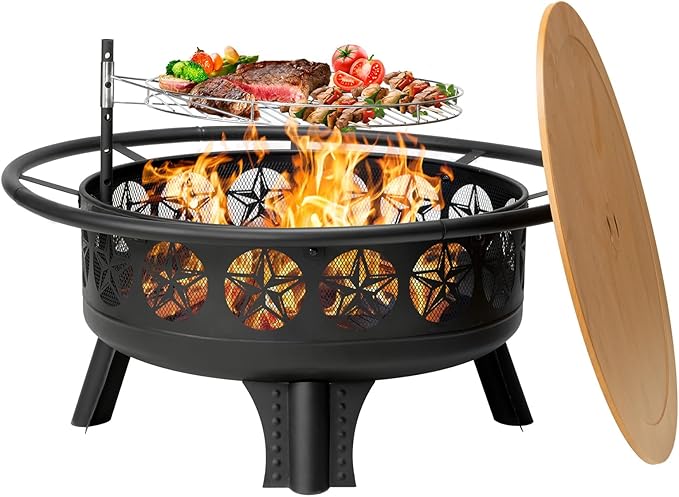 38” Wood Burning Fire Pits for Outside,3-in-1 Fire Pit with Grill, Spark Screen & Fire Poker,Outdoor Firepit Table with Swivel Cooking Grate for Yard BBQ Bonfire Patio Camping (38 inch)