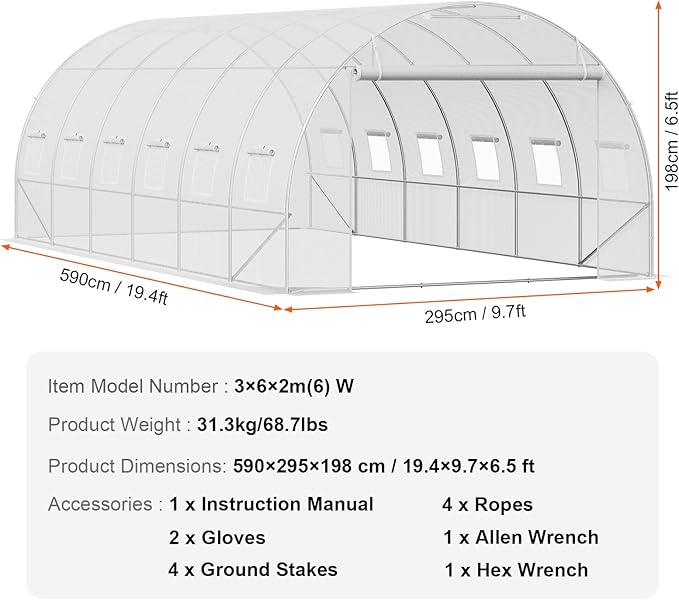 VEVOR Walk-in Tunnel Greenhouse, 19.4x9.7x6.5 ft Hoop House Greenhouse Tunnel, Plant Hot House with Galvanized Steel Frame, White PE Cover, Roll-up Zipper Door and 12 Windows for Outdoor