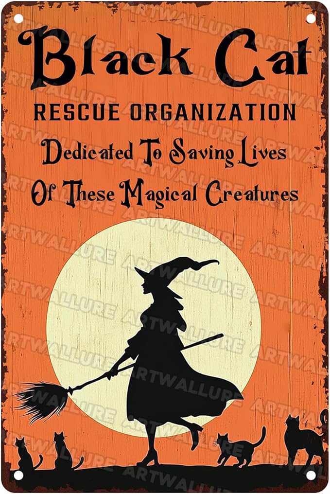 Black Cats Rescue Halloween Decor Vintage Metal Tin Sign Rustic Wall Art Gothic Home Decor Tin Plaque Retro Metal Poster for Bar Cafe 8x12inch