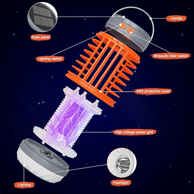 2 Pack Solar Bug Zapper Outdoor Waterproof Mosquito Zappers for Patio, 3 in 1 Cordless Rechargeable Mosquitoes Repellent Outdoor Patio Flashlight, Mosquito Killer Indoor - Orange