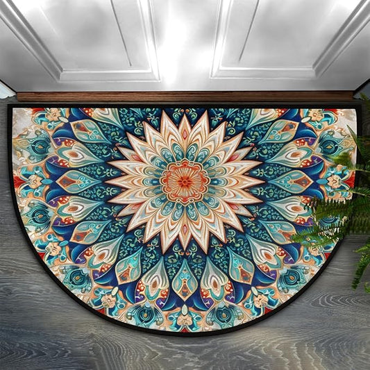 cfpolar Boho Vintage Mandala Flower Shape Half Round Semicircle Non Slip Soft Area Rug for Front Door Indoor Entrance Wear Resistant Welcome Mat for Garage Patio Home Decor 24 x 36 in