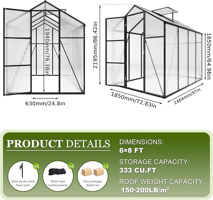 7.2FT High 6*8.2FT Greenhouse for Outdoors,Polycarbonate Greenhouse with Stronger Wind Protection and Roof Vent,Walk-in Large Aluminum Sunroom Winter Proof,Black
