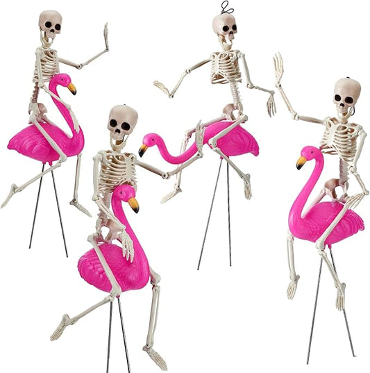 8 Pcs Halloween Skeleton Flamingo Decoration Outdoor Yard Ornament 15.7" Plastic Skeleton Decor with Posable Legs Flamingo Statue Decor for Yard Garden Lawn (Pink,S,Classic)