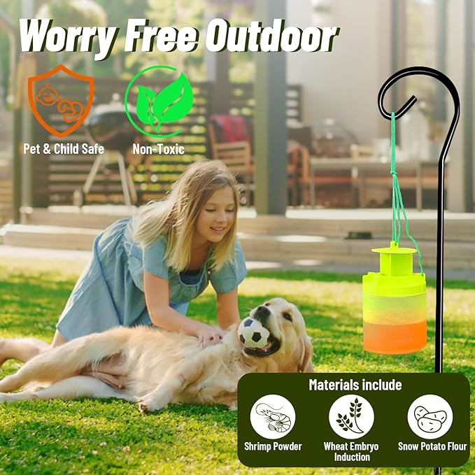 4 Pack Reusable Outdoor Fly Trap with Shepherd Hooks, Non-Toxic Bait for Farm, Garden, Patio. Hanging Flies Killer Catcher, Outside Weather Resistant Bug Control