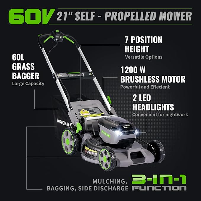 Electric Lawn Mower, Self-Propelled Lawn Mower Cordless (60V 21”), 65 Min Long Runtime with 5.0Ah Battery, Rapid Charger and LED Headlight