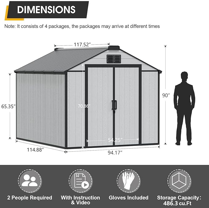 8 x 10 FT Resin Storage Tool Shed, All-Weather Outdoor Storage Shed with Windows, Lockable Doors & Floor, Plastic Storage Shed for Patio, Poolside, Backyard, Garden
