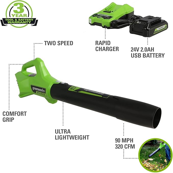 Greenworks 48V (2x24V) Cordless Yard Tool Combo - 21" Self - Propelled Push Mower, 12" Trimmer, Blower + 24V Cordless Battery Inflator