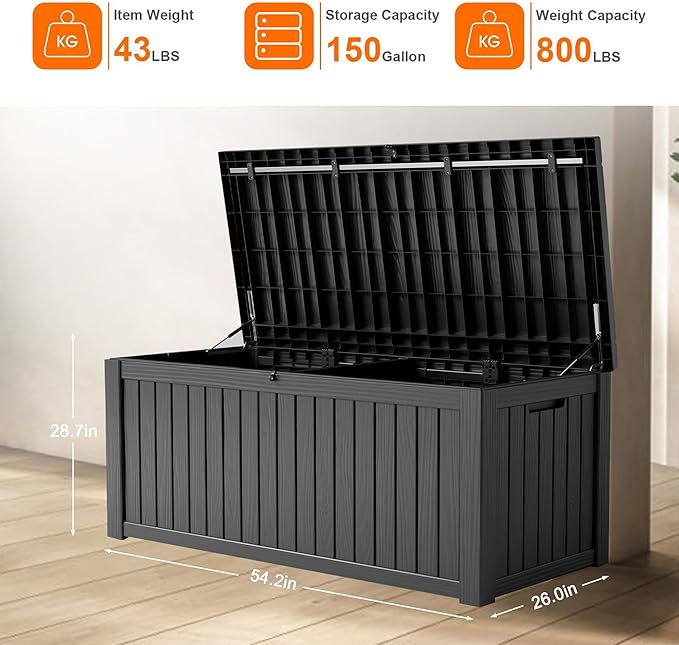 ROJIK Outdoor Storage Housing Deck Box - Waterproof Patio Furniture, Garden Tools, Cushions, Pool Accessories Storage Bench with Lockable Lid and Side Handles (Black 158 Gal)