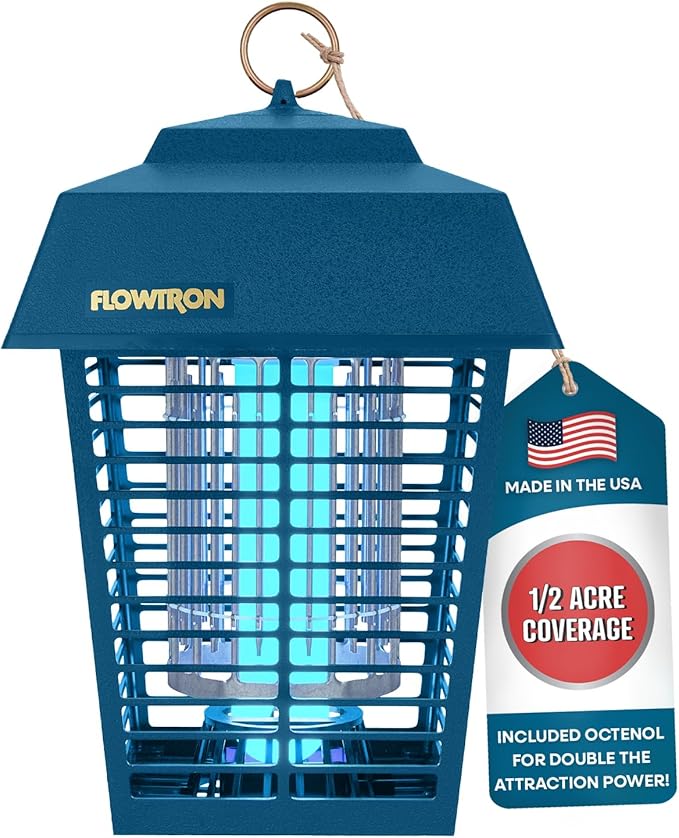 Flowtron Electric Bug Zapper 1/2 Acre Outdoor Insect Control with Dual Lure Method, 15W UV Light & Octenol Attractant for Fly & Mosquito, 5600V Kill Grid, Made in USA, UL Certified - Blue Color