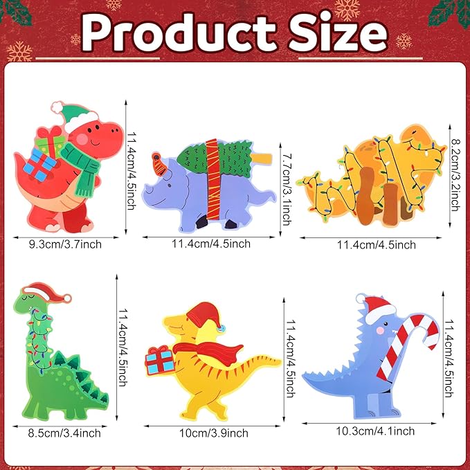 Yexiya 24 Sets Christmas Craft Kits Dinosaur Ornament Craft DIY Dino Hanging Ornaments with Sticker and Ribbon Christmas Tree Santa Hats Candy Canes Hanging Decor for Xmas Party Decoration