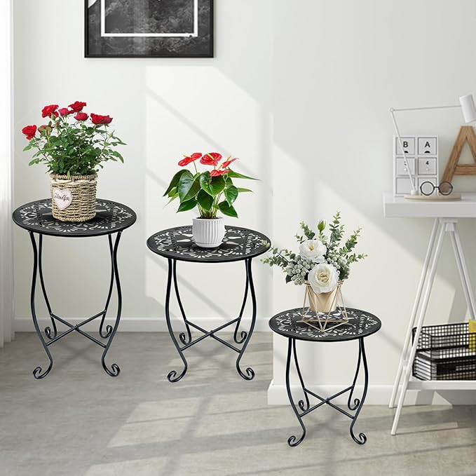 3pcs Plant Stand Small Outdoor Table,Round Black Metal Shape with Decorative Openwork Flower Pattern, Anti-Rust Wrought Iron Patio Table for Indoor Plant Stand,Porch,Balcony,Garden,Yard (Small & Medium & Large)