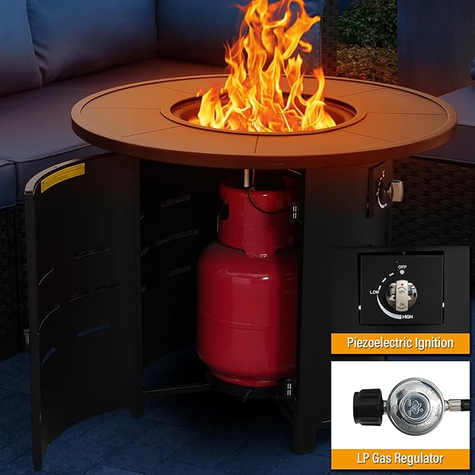30 Inch Fire Tables Round Tabletop 50000 BTU Outdoor Fire Pits for Outside Steel Gas Fire Table with Fire Pit Lid Waterproof Cover, Black