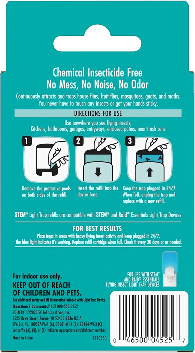 STEM Light Trap Refill Cartridges, Indoor Fruit Fly Trap, Effective Insect Control for Home, Attracts and Traps Flying Insects, Compatible with STEM Light Trap, 2 Count (Pack of 8)