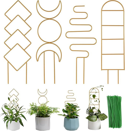 Indoor Plant Trellis for Potted Plants, 16inch Gold Small Trellis for Climbing Plants Outdoor Garden Metal Trellis with Different Patterns for Vine Ivy Flower Plant Support 4 Pack