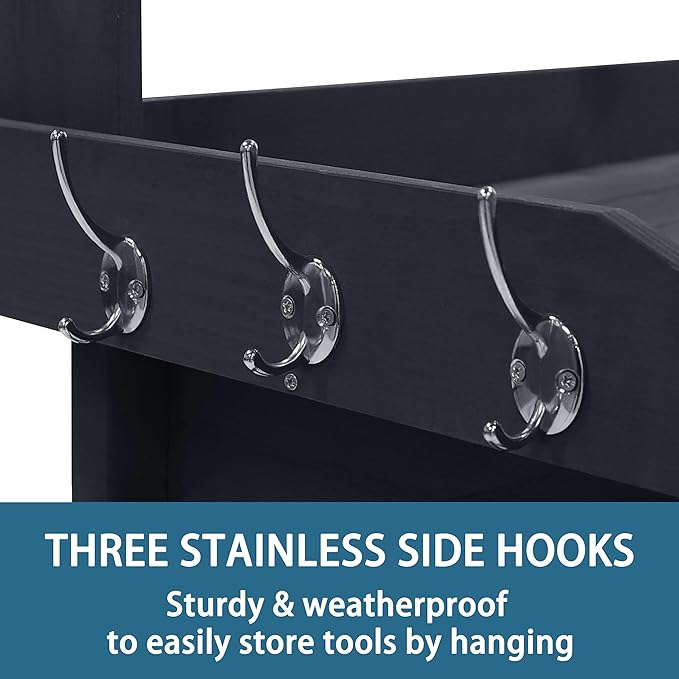 BlueWish Potting Bench, Potting Benches for Outside with Fir Wood Frame, Removable Sink, Three Hooks, Potting Table for All Weather