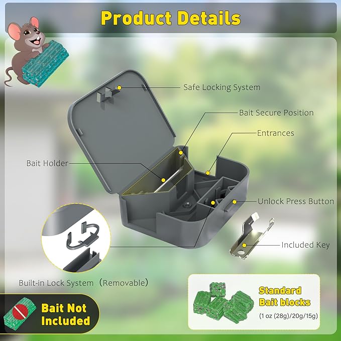 Mouse Stations with Keys 12 Pack, Keyless Design and Key Required Mouse Stations, Mice Stations, Keeps Children and Pets Safe Indoor & Outdoor, Gray