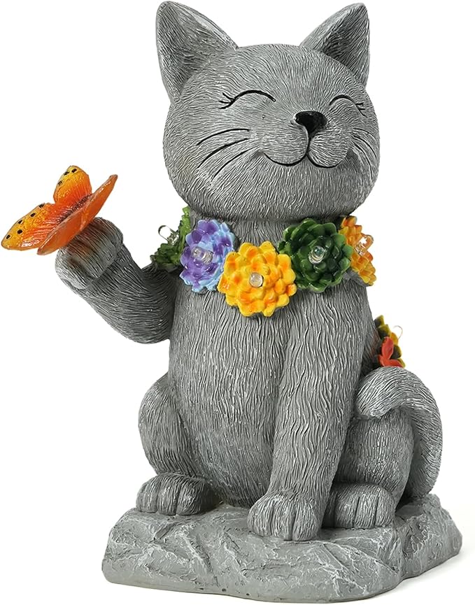 Solar Cat Garden Outdoor Statue - Yard Art with Succulents, 6 LED Lights and 1 Solar Butterfly Decorative Light, Ideal for Gardening Enthusiasts and Cat Lovers, Birthday Gift for Women