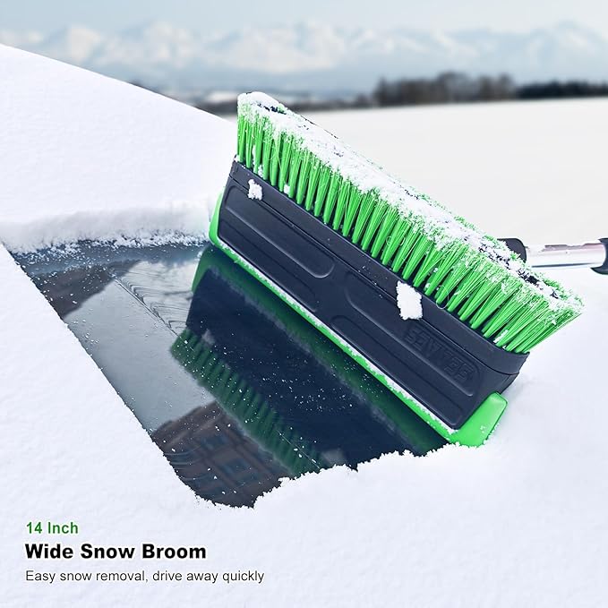 SEAAES 51 Inch Heavy Duty Snow Brush for Trucks, Stable Design Long Handle Extendable Snow Broom for SUV, Windshield Ice Scraper with Foam Grip for Car Automobile Vehicle Window - Green