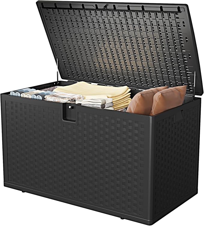 120 Gallon Outdoor Storage Box, Waterproof Deck Box, Lockable Storage Bin, Suitable for Patio Furniture, Pool Accessories, Gardening Tool, Rattan Black