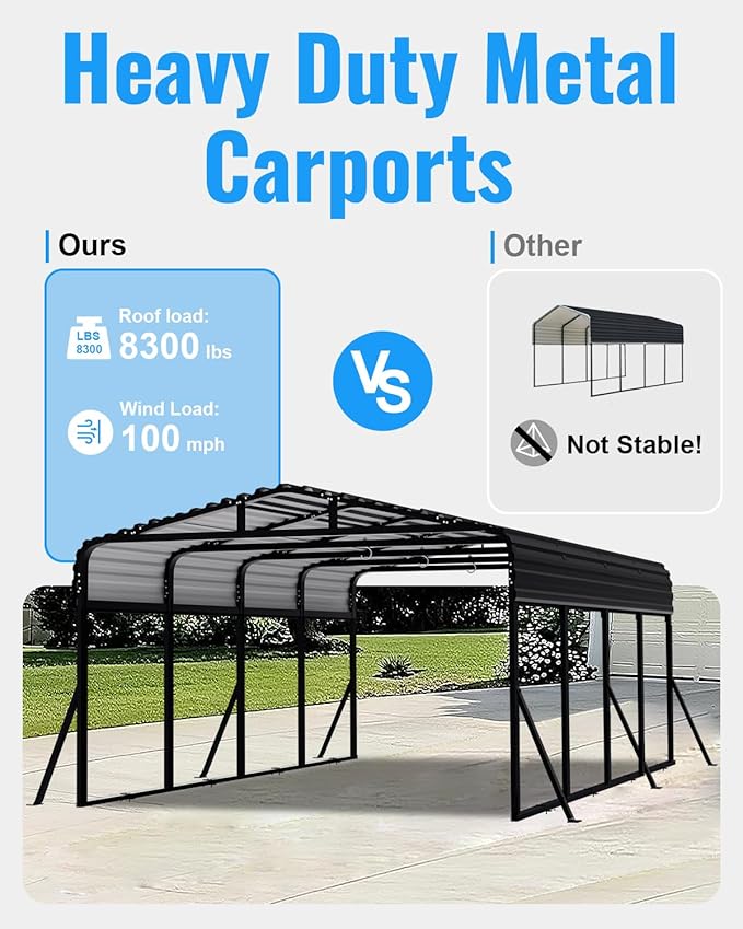 12x20 FT Metal Carport, Heavy Duty Carport with Reinforced Frame & Side Support Poles for All-Weather, Outdoor Car Port Suitable for Parking Pickup, Boat, Car, and Tractor