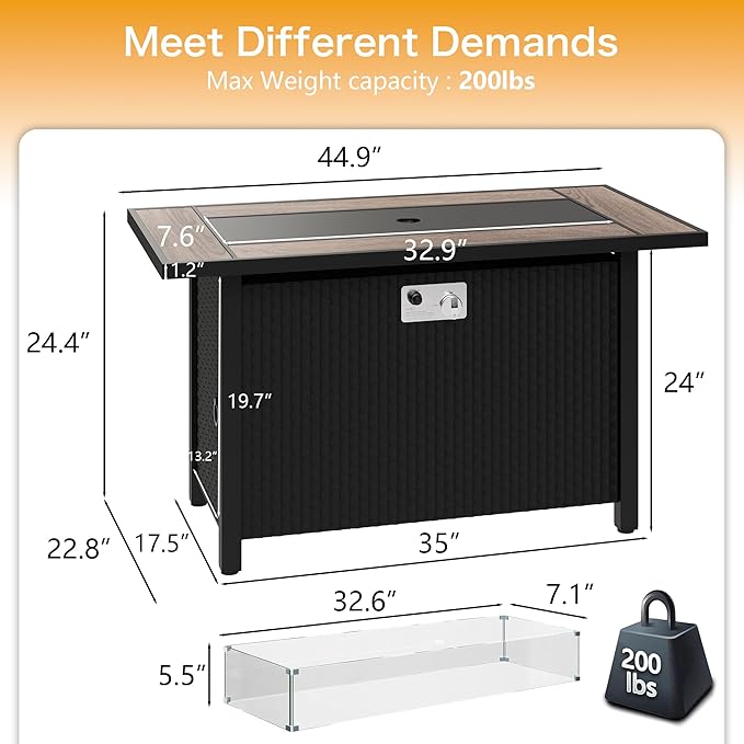 Meilocar 45in Fire Table, Propane Fire Pit with Glass Wind Guard and Rain Cover, Outdoor Firepit Table 50000 BTU 3-in-1 Fire Table for Patio/Yard/Balcony, Walnut Tabletop