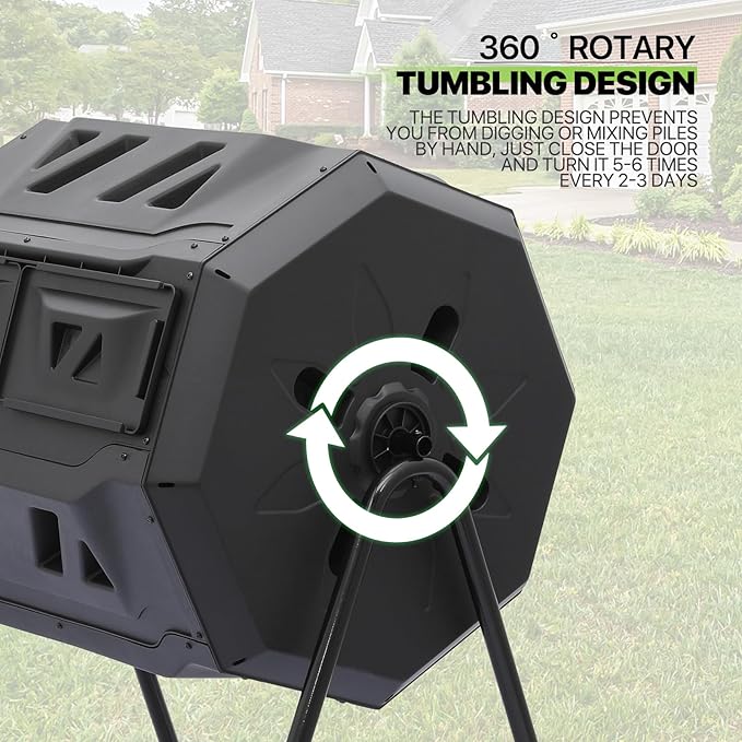 Magshion 43 Gal Chamber Compost Tumbler Outdoor Tumbling Composting Bins High Volume Garden Composter w/Dual Chamber Sliding Doors for Gardening, Black Sliding Doors